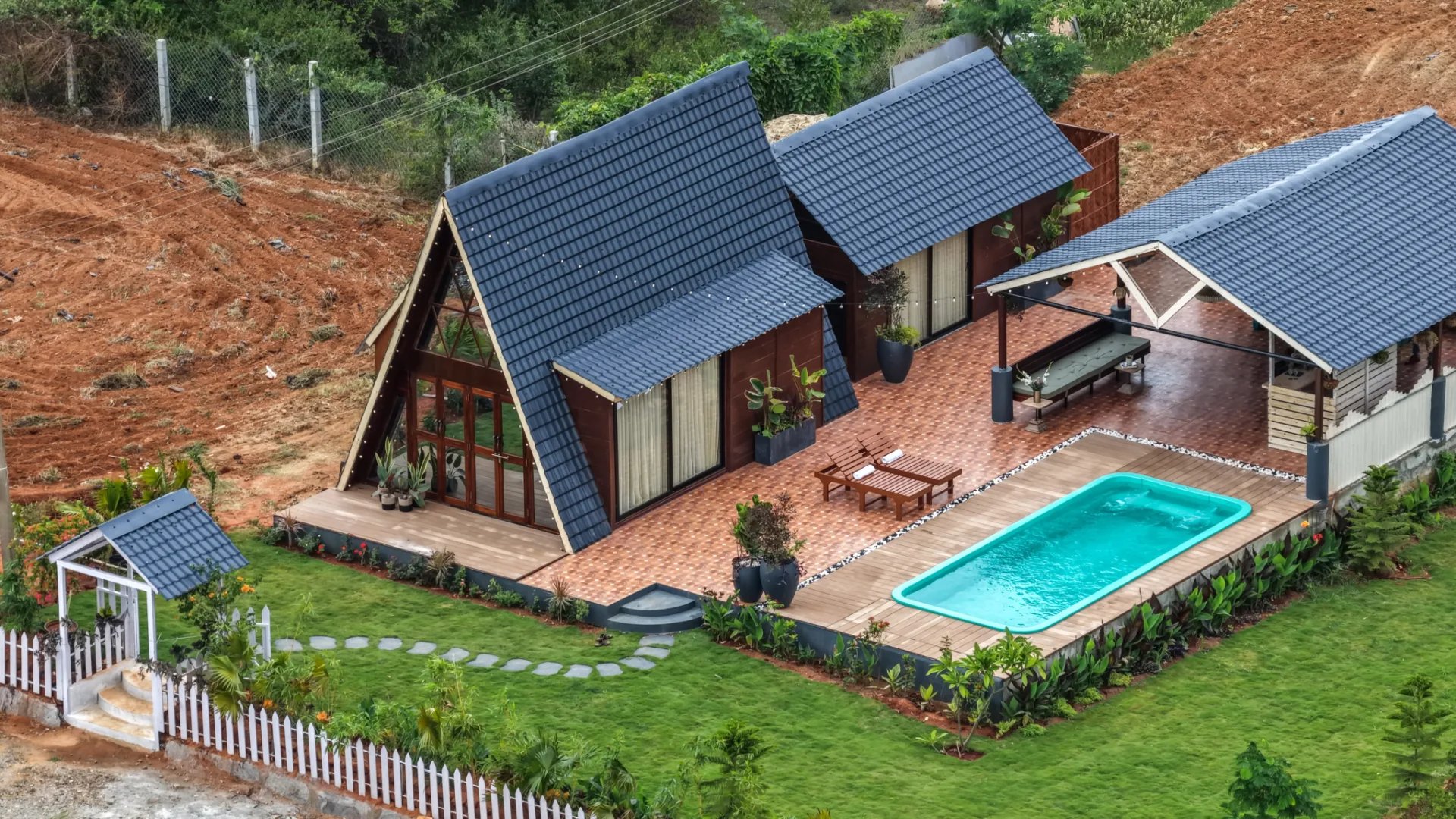 The villa and pool from the air