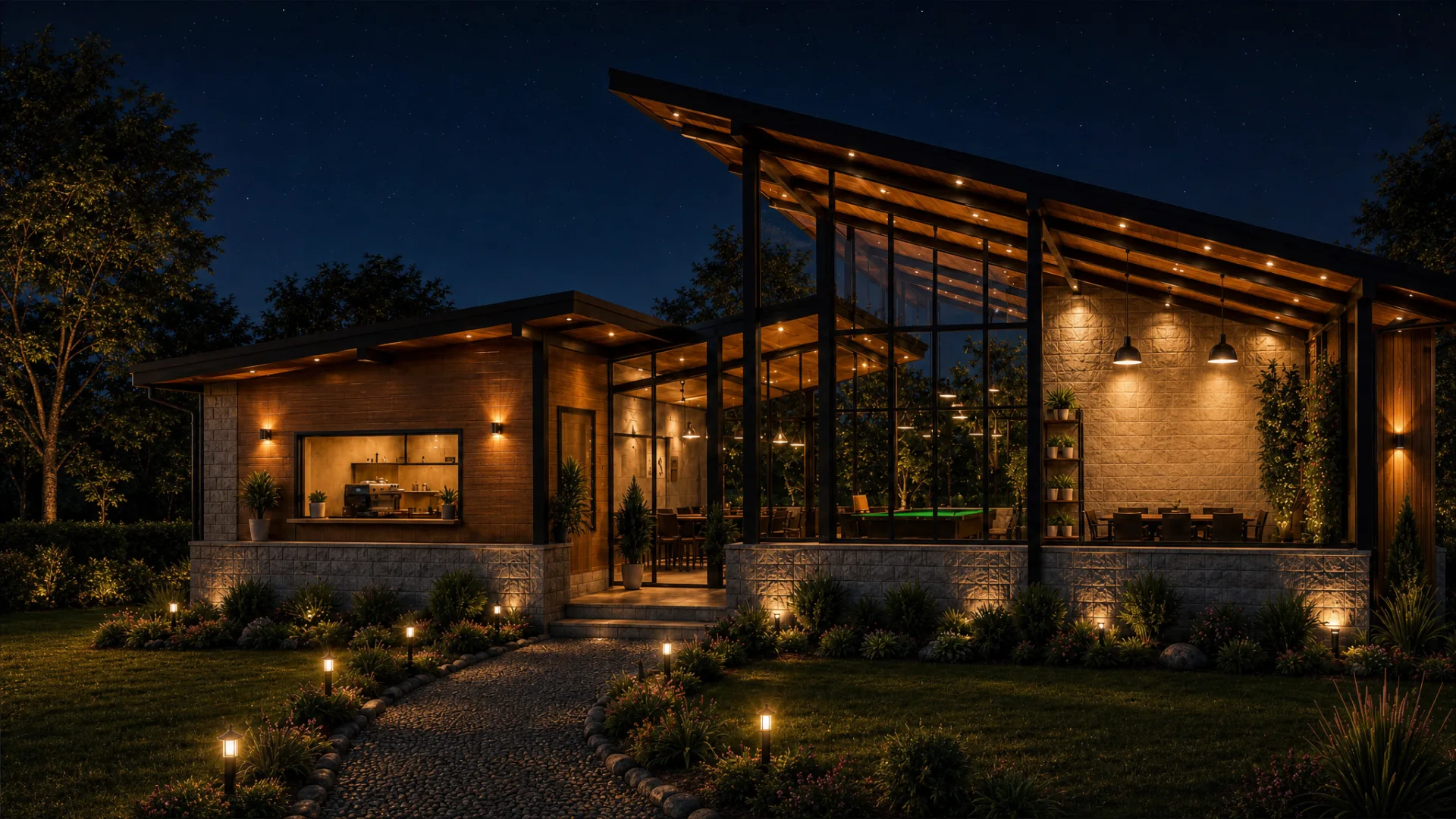 The clubhouse lit at night