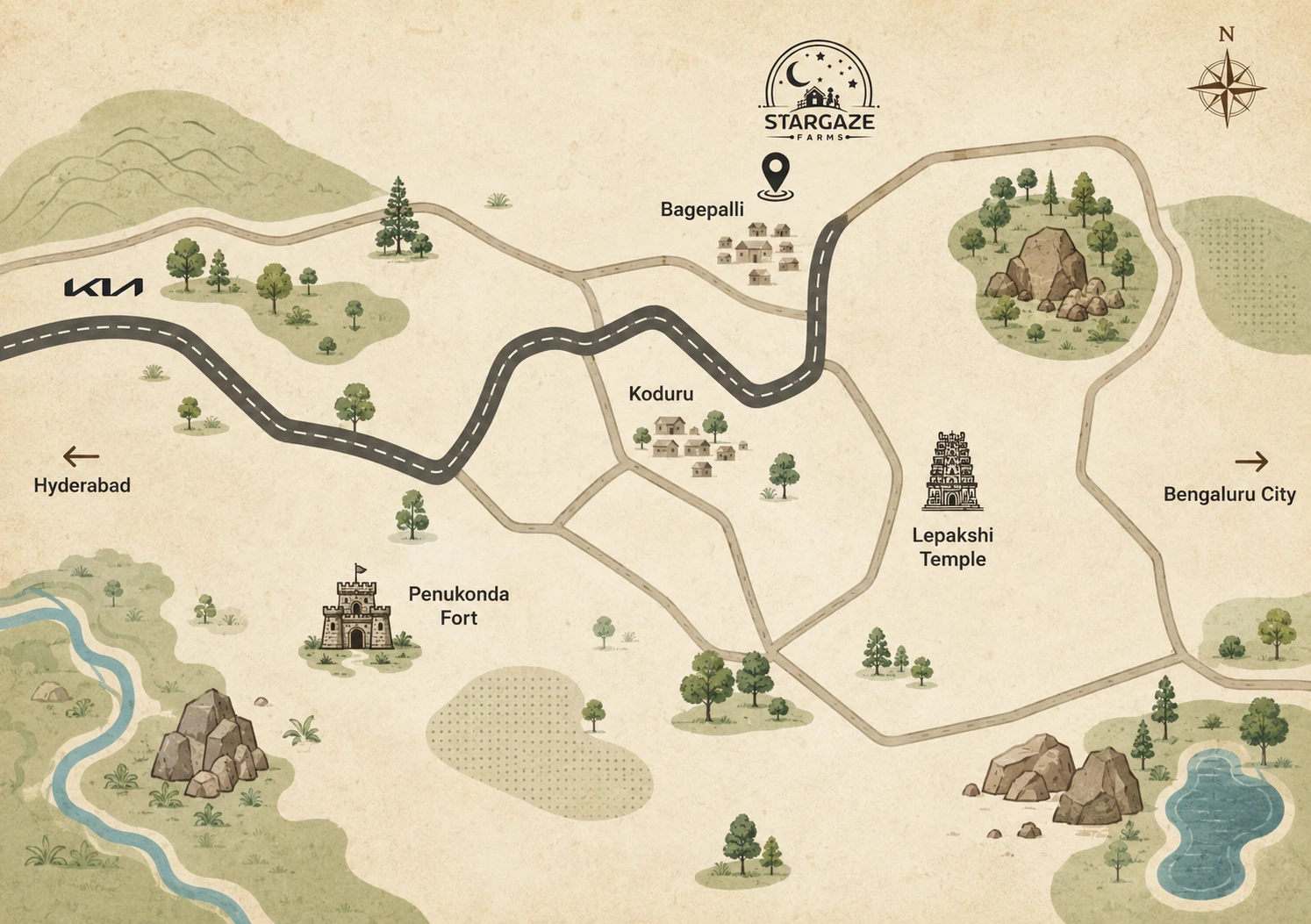 Illustrated map showing the site near Bagepalli on NH44 between Bengaluru and Hyderabad