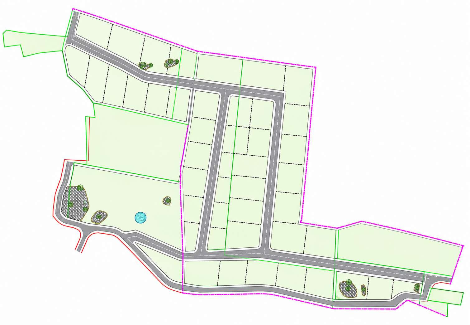 Layout plan showing every plot, the roads and the open ground