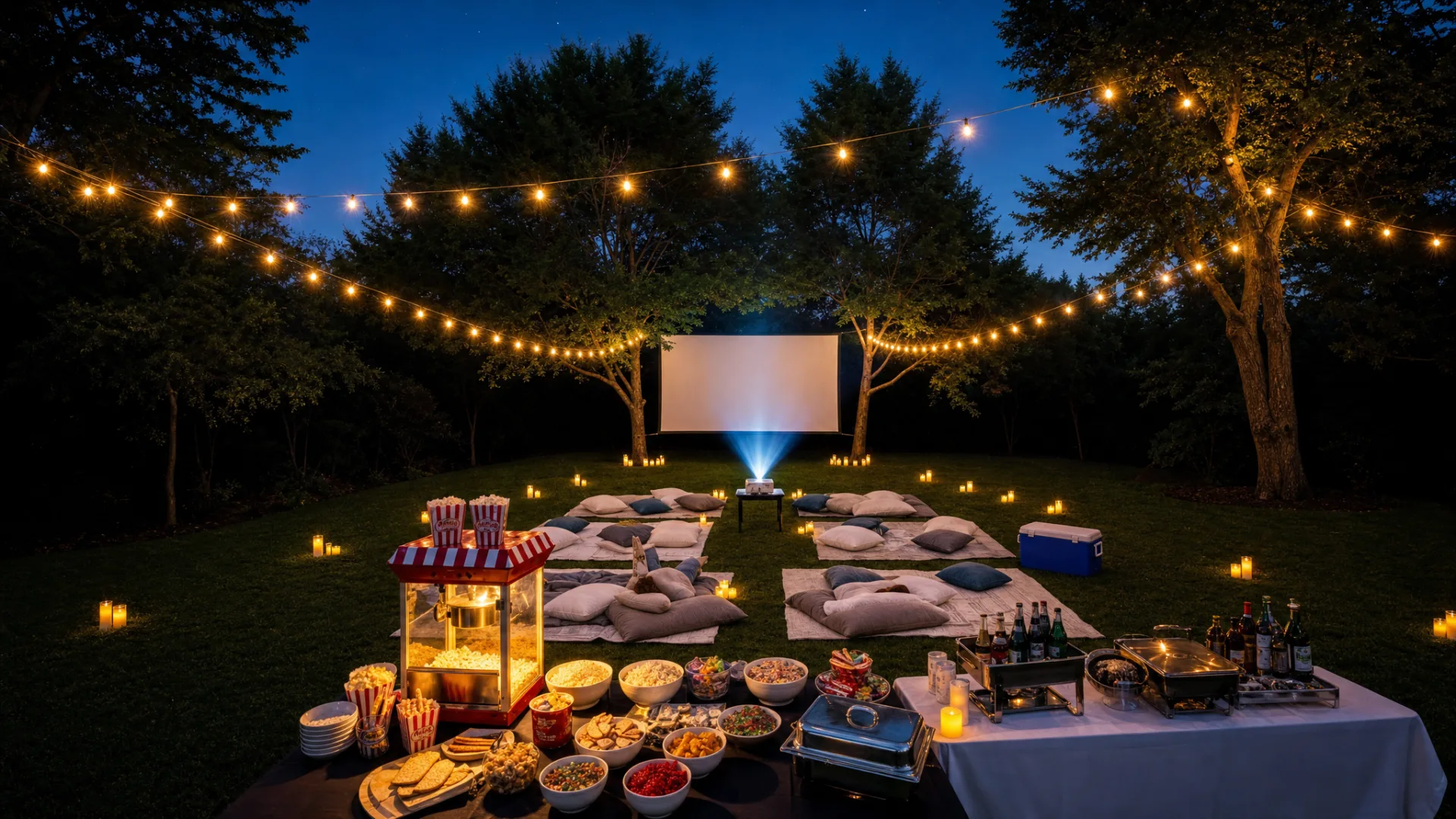 The outdoor screen and floor cushions on the lawn
