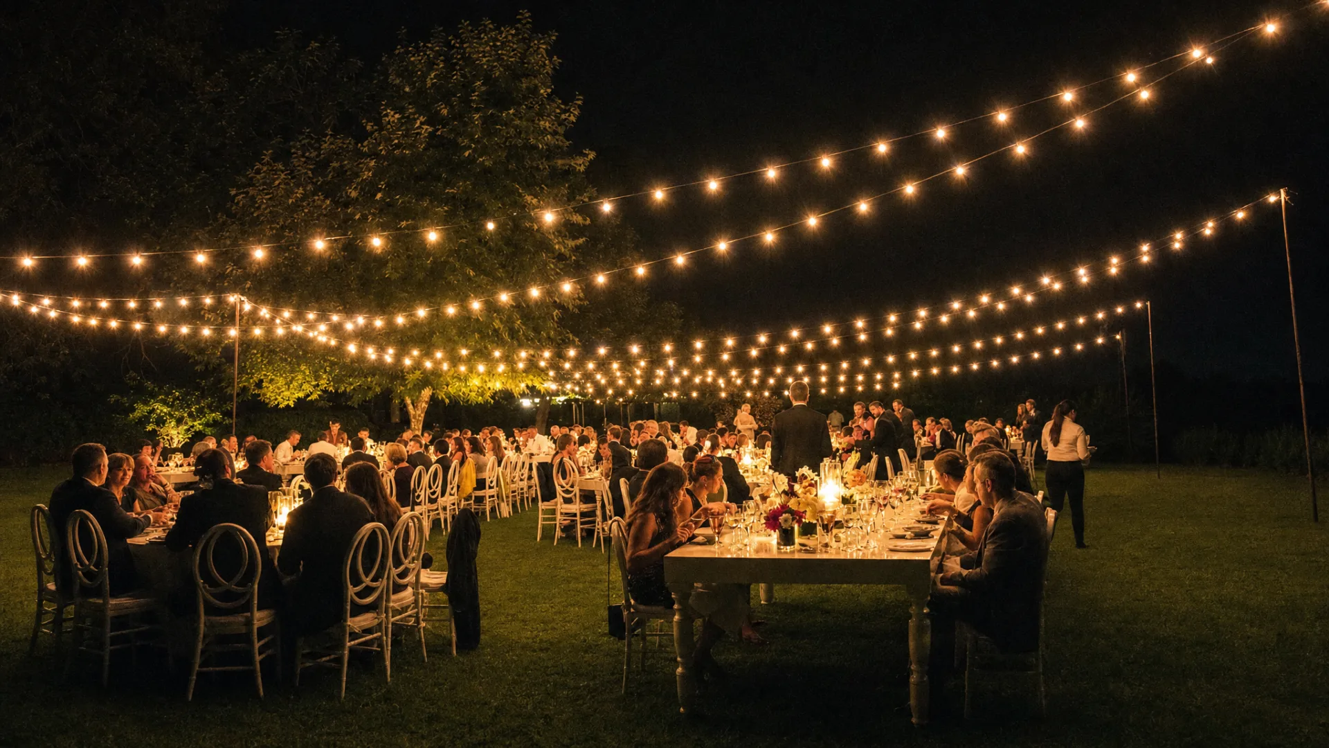 A long table under festoon lights on the party lawn